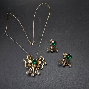 Van Dell 12K Gold Filled Necklace Earrings Set Green Rhinestone Vintage Jewelry